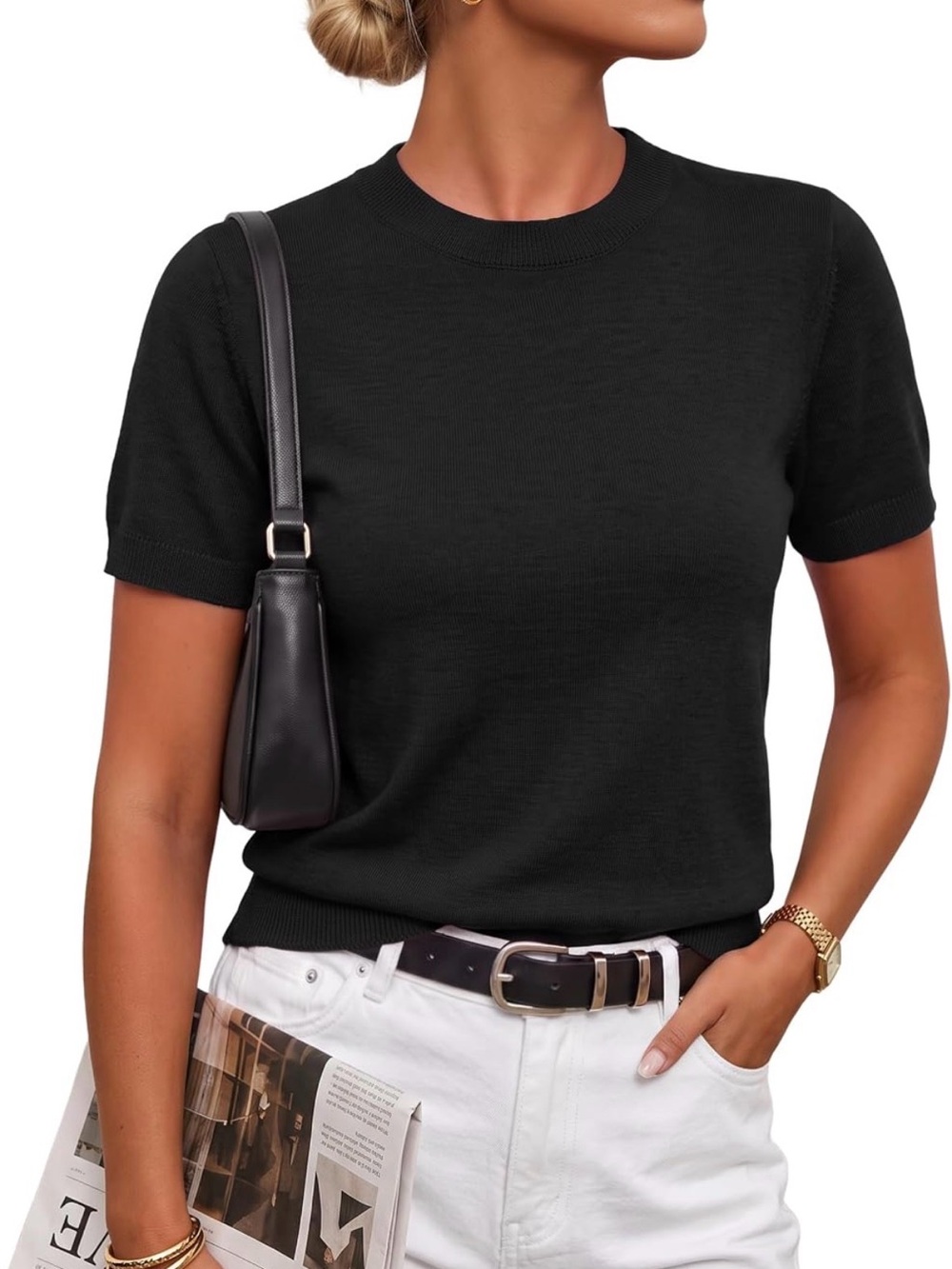Classic Black Short-Sleeve Wool Blend Sweater